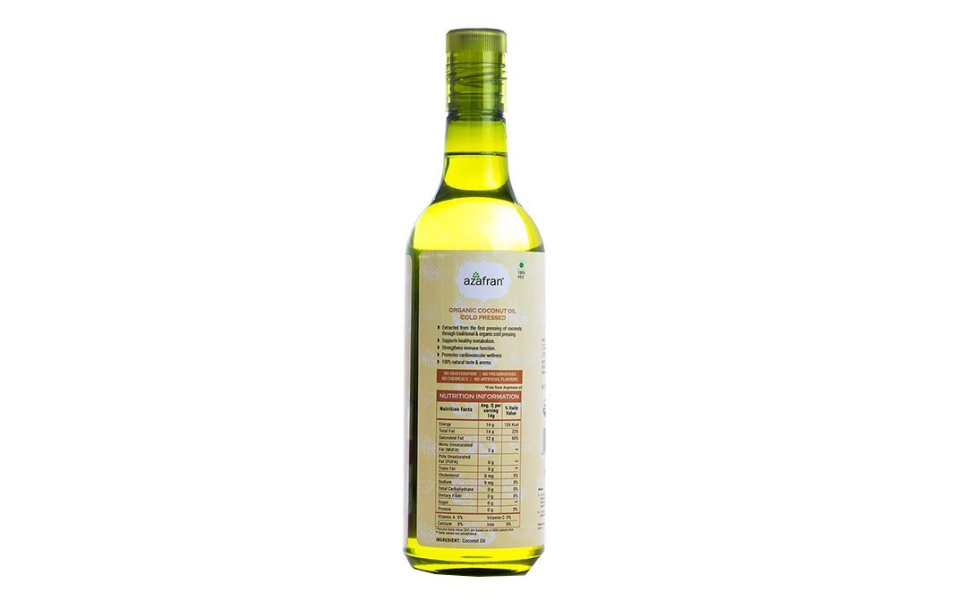 Azafran Organic Coconut Oil (Kachi Ghani)   Plastic Bottle  1 litre
